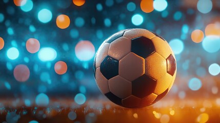 Naklejka premium Abstract composition of a soccer ball against a backdrop of blurred stadium lights, capturing the essence of nighttime matches.
