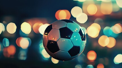 Abstract composition of a soccer ball against a backdrop of blurred stadium lights, capturing the essence of nighttime matches.