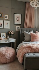 Cozy girl’s bedroom in soft pink and grey with stylish decor and plush seating.
