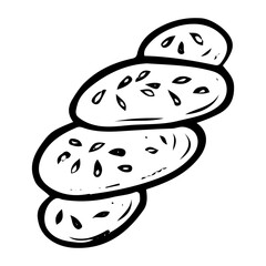 Bun curl hand drawn doodle. Baked pie with sprinkles. Bakery. Sweet food. Homemade pastry. Wheat dough bread. Sugar biscuit dessert. Vector sketch line art illustration.