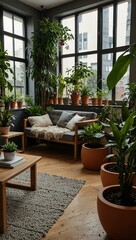 Cozy indoor garden with modern furniture and plants.