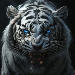 Obraz premium Intense and Captivating Blue Eyed Tiger Roaring Fiercely in the Dark Jungle Environment