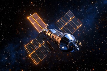 Naklejka premium Innovation in space exploration, featuring a sleek spacecraft set against a minimalist cosmic background