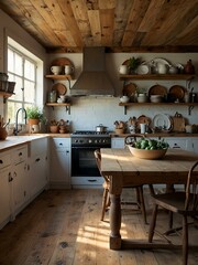 Cozy rustic farmhouse kitchen with natural light.