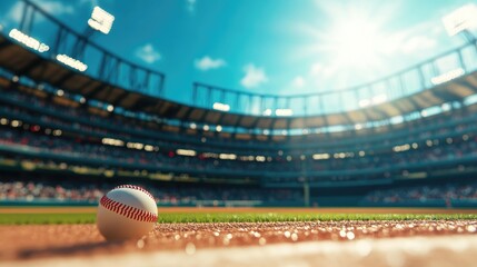 daytime scene of a baseball arena with bright sunshine, an active game, and a full house of spectators