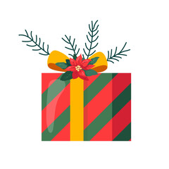 Striped gift box decorated with a bow and poinsettia. Presents for Christmas, New year holiday or different party. Flat vector illustration isolated on white
