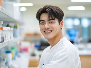 A smiling young man in a lab coat stands in a laboratory.