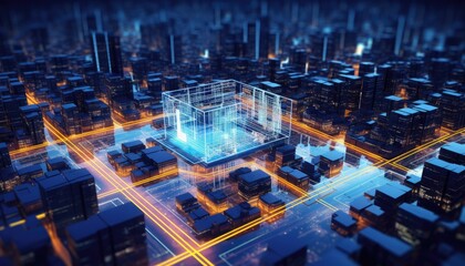 Futuristic city with a glowing cube in the center, representing technology and innovation.