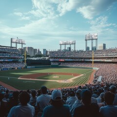 Wide-angle view of a baseball arena in daylight with an active game and cheering crowd