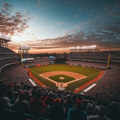 Wide-angle view of a baseball arena in daylight with an active game and cheering crowd