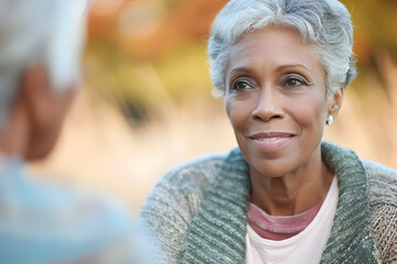 Smiling senior woman attending a mental health counseling session in a peaceful outdoor setting