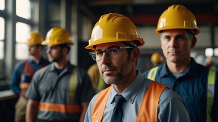 many employee engineers industry manufacturing factory Europe gathered together meeting