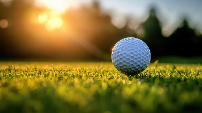 Close-up view of a golf ball perched on a tee with a polished golf driver and lush green grass creating a professional golf course scene