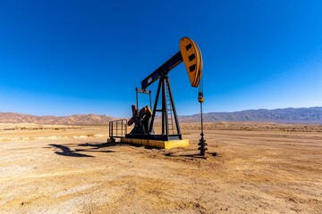 Fototapeta premium Oil pumpjack in the middle of a serene desert landscape, with minimal vegetation and clear blue skies