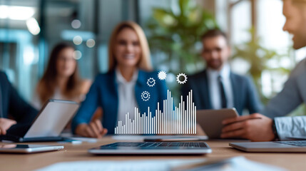 Collaborative business team discussing strategies and analyzing data in modern office setting. atmosphere is focused and productive, highlighting teamwork and innovation