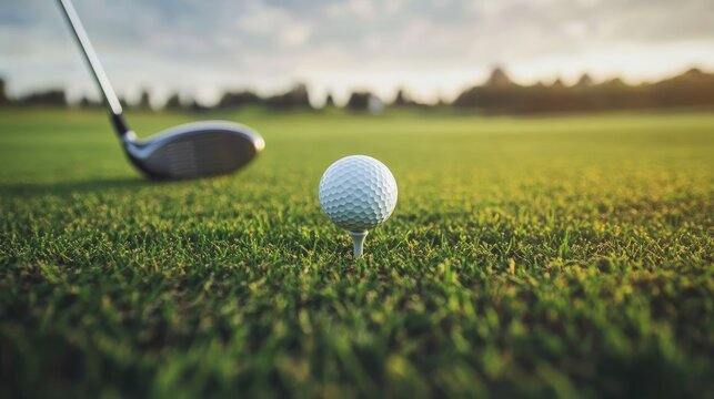 Close-up view of a golf ball perched on a tee with a polished golf driver and lush green grass creating a professional golf course scene