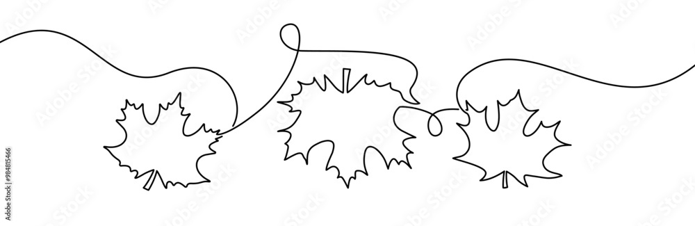 Poster vector illustration of three maple leaves connected by a continuous line, perfect for minimalistic a