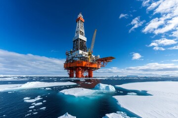 Obraz premium Oil rig in the Arctic, surrounded by icebergs and pristine white snow under a bright, blue sky