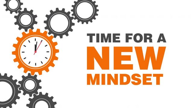 Time for a new mindset with clock ticking and cogwheel gears concept animation