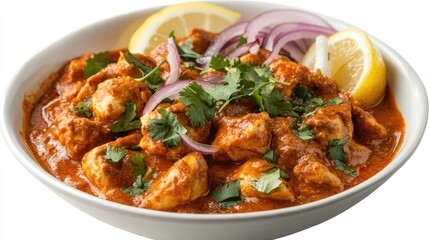 A bowl of Chicken Tikka Masala with a garnish of fresh coriander, served with slices of red onion and lemon wedges, all set against a clean white background.
