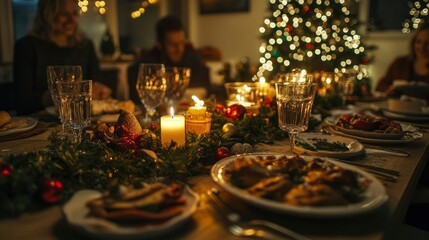 A family gathered around a beautifully decorated Christmas dinner table, with candles, garlands, and festive holiday dishes.