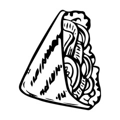 Quesadilla hand drawn doodle. Tortilla with cheese meat and vegetables. Rolled wheat flatbread with filling. Snack fast food to go. Order in cafe. Time to eat. Vector sketch line art illustration.
