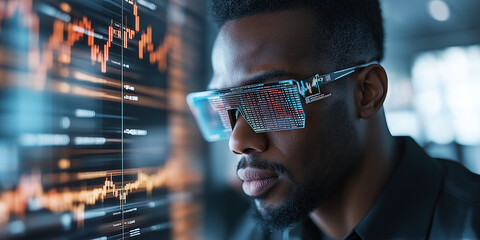A man wearing futuristic glasses analyzes complex data displayed on holographic screen, showcasing advanced technology and digital information