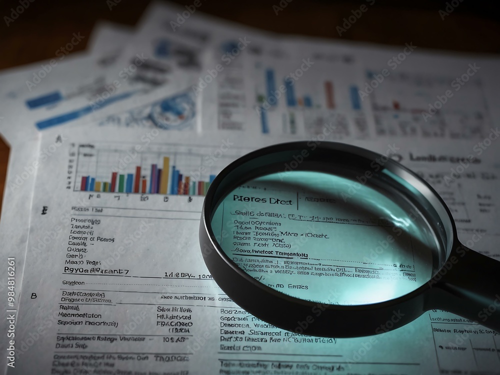 Aufkleber data analysis concept with glowing magnifying glass on virtual document.