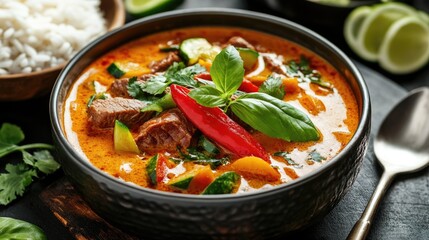 A bowl of Thai red curry with beef, with vibrant vegetables and a creamy coconut milk base, served with steamed rice and garnished with fresh herbs.