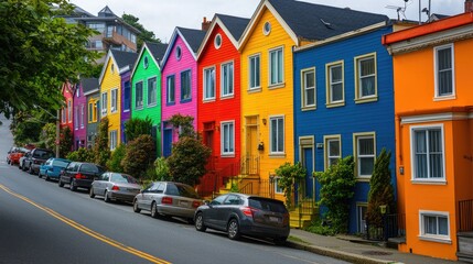 Obraz premium Colorful houses on steep hill viewed from street level showing vibrant facades