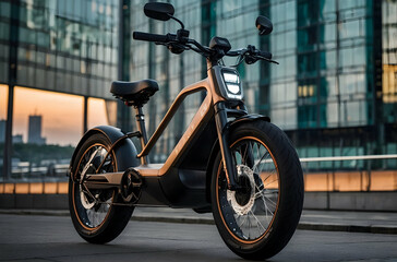 A sleek beige electric scooter parked on a street at dusk.