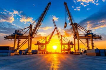 Petroleum shipyard at sunrise, with minimalist cranes and shipping containers in a clean, industrial setting
