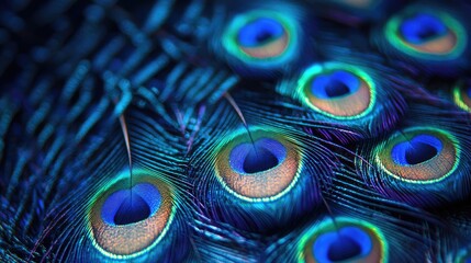 Fototapeta premium Closeup of vibrant peacock feathers showcasing fine iridescent textures