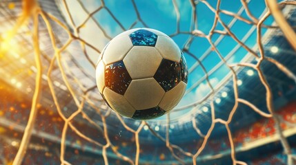 Dramatic perspective of a soccer ball flying into the net, capturing the exhilaration and triumph of scoring a decisive goal in a grand stadium amidst fervent cheers, defining victory.