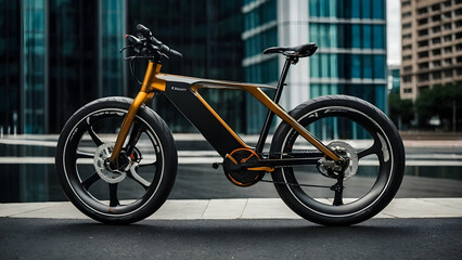 Fototapeta premium A sleek black electric bicycle parked in front of a modern building with glass windows.