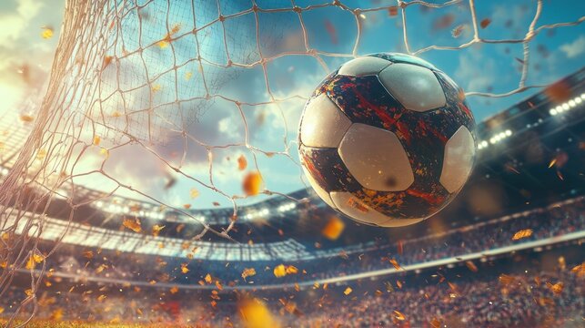 Dramatic perspective of a soccer ball flying into the net, capturing the exhilaration and triumph of scoring a decisive goal in a grand stadium amidst fervent cheers, defining victory.