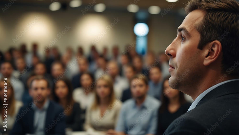 Poster defocused speaker at a corporate event with attendees in the background.