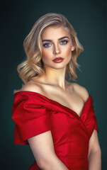 Portrait Attractive young woman in red dress. Outfit for New Year's party.