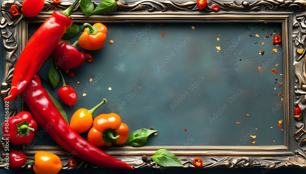 Wall mural vibrant chili pepper border design for banner with ample copy space