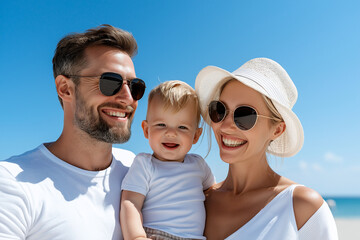 Happy family enjoying sunny day at beach, smiling together with their baby. bright blue sky and joyful expressions create warm, cheerful atmosphere