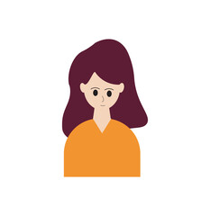  Flat vector illustration of a smiling young woman with a quirky top bun hairstyle and orange shirt. Perfect for avatars, icons, user profiles, or character design.