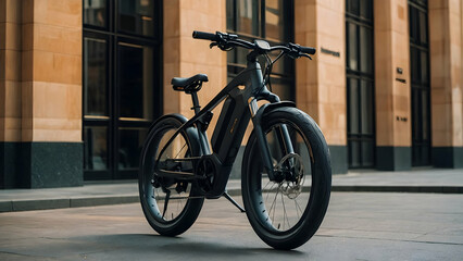 Fototapeta premium A sleek electric bike parked in front of a building. It has a black frame and a black seat. The bike is ready for a ride.
