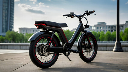 Obraz premium A black electric motorcycle parked on a street. The vehicle is equipped with a black seat and handlebars, and features a black frame.