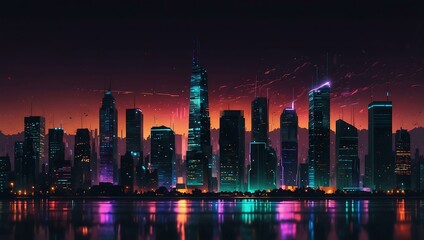 Obraz premium Digital glitch cityscape with flickering lights.