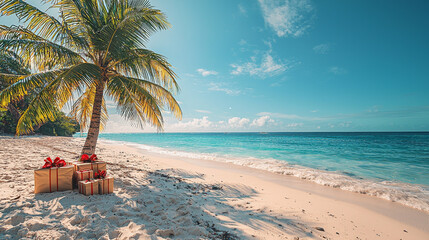 Fototapeta premium Gifts under a palm tree on a tropical beach.
