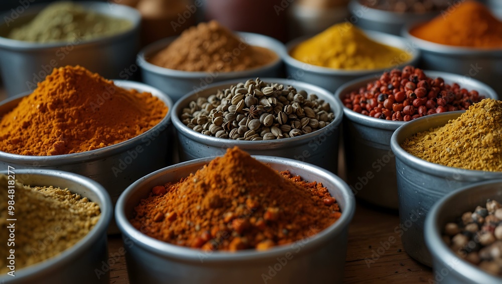 Poster display of various spices in metallic containers.