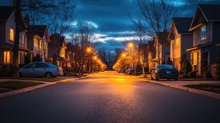 Fototapeta premium A calm residential street with houses adorned with warm, inviting lights, reflecting a peaceful and cozy nighttime environment.