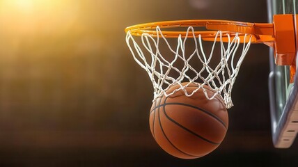 Fototapeta premium A close-up view of a basketball about to land in the hoop, illuminated by soft golden light, capturing the essence of sports