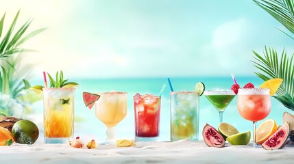 Colorful cocktails and tropical drinks on the beach with space for text, banner panorama for summer vibes
