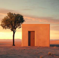 Rural house with solitary tree at sunset in arid landscape